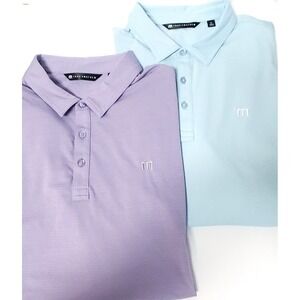 Travis Mathew Bundle (2) Golf Polo XL Shirt Light Stripe Lilac/ Light Aqua Logos